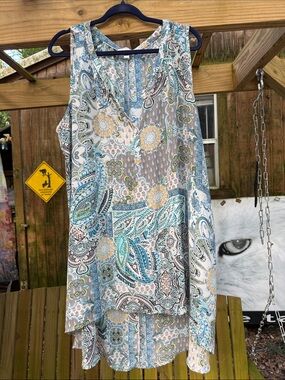 Sleeveless Paisley V-Neck Blouse in Teal, Gray & Cream 3x  Spense  woman